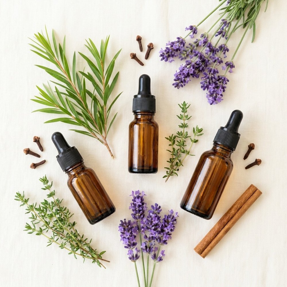 Organic essential oils: tea tree, thyme, lavender, clove and cinnamon